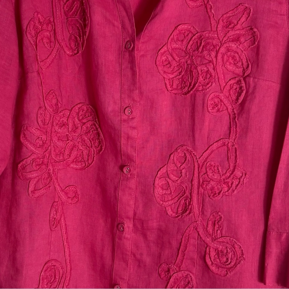 CHARTER CLUB Petites 100% Linen Floral Embroidered Top in Fuchsia Size 12PETITE - Picture 7 of 9
